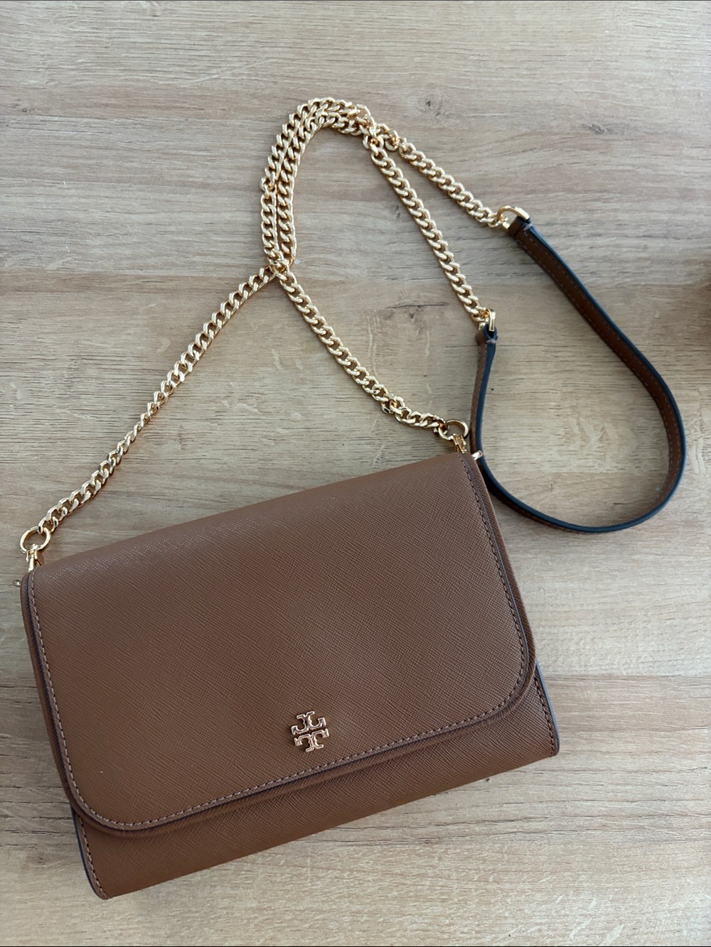 Tory Burch Caramel Brown Leather Crossbody with Gold Chain